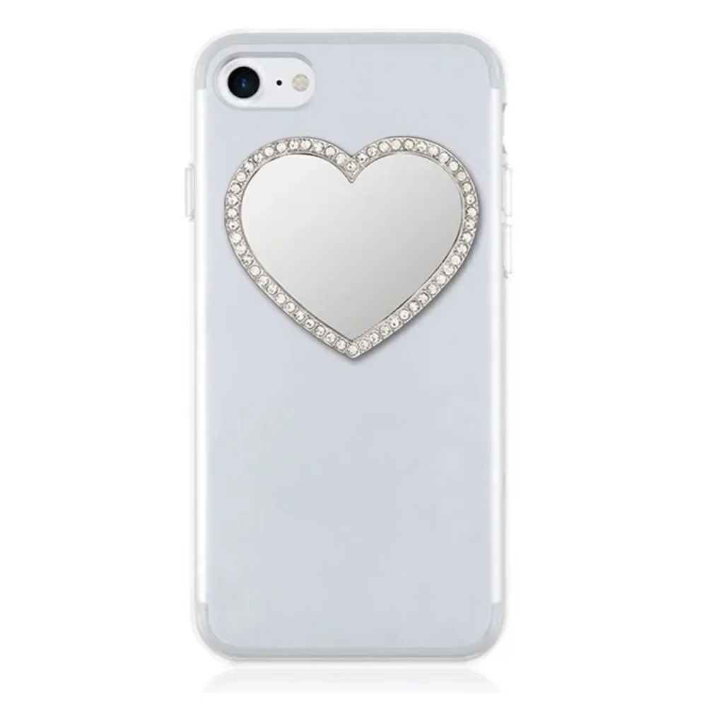 Silver with rhinestone embellished heart shaped phone mirror